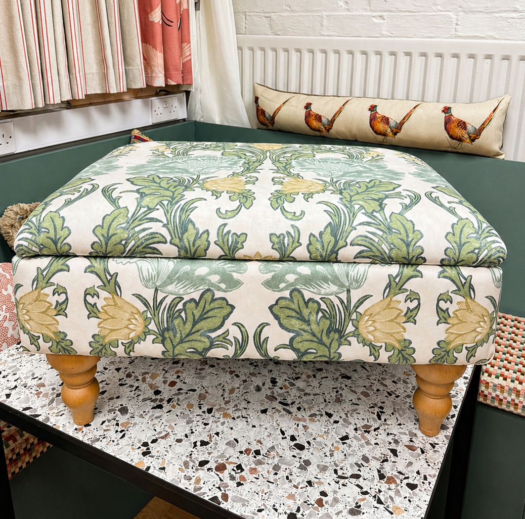Bespoke upholstered footstool in botanical patterned fabric