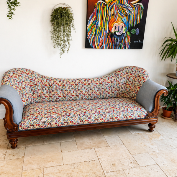 Colourful sofa reupholstery with contrasting arms by Creature Comforts Upholstery