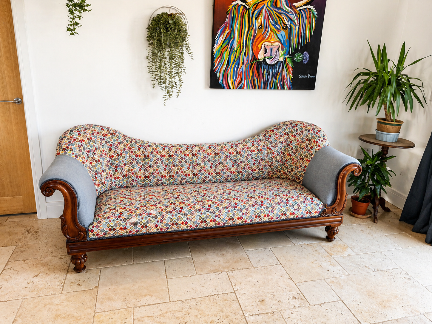 Colourful sofa reupholstery with contrasting arms by Creature Comforts Upholstery